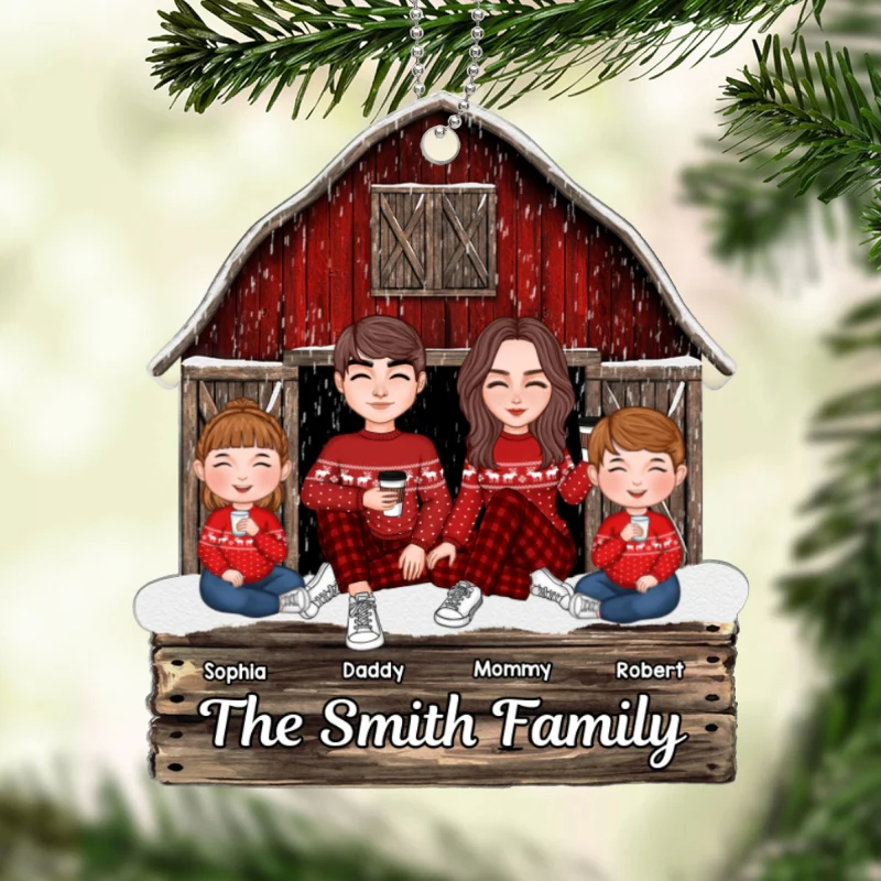 Cute Family Dad Mom Kids Dogs Cats Sitting At Red Barn Tree Farm Personalized Acrylic Ornament - Image 5