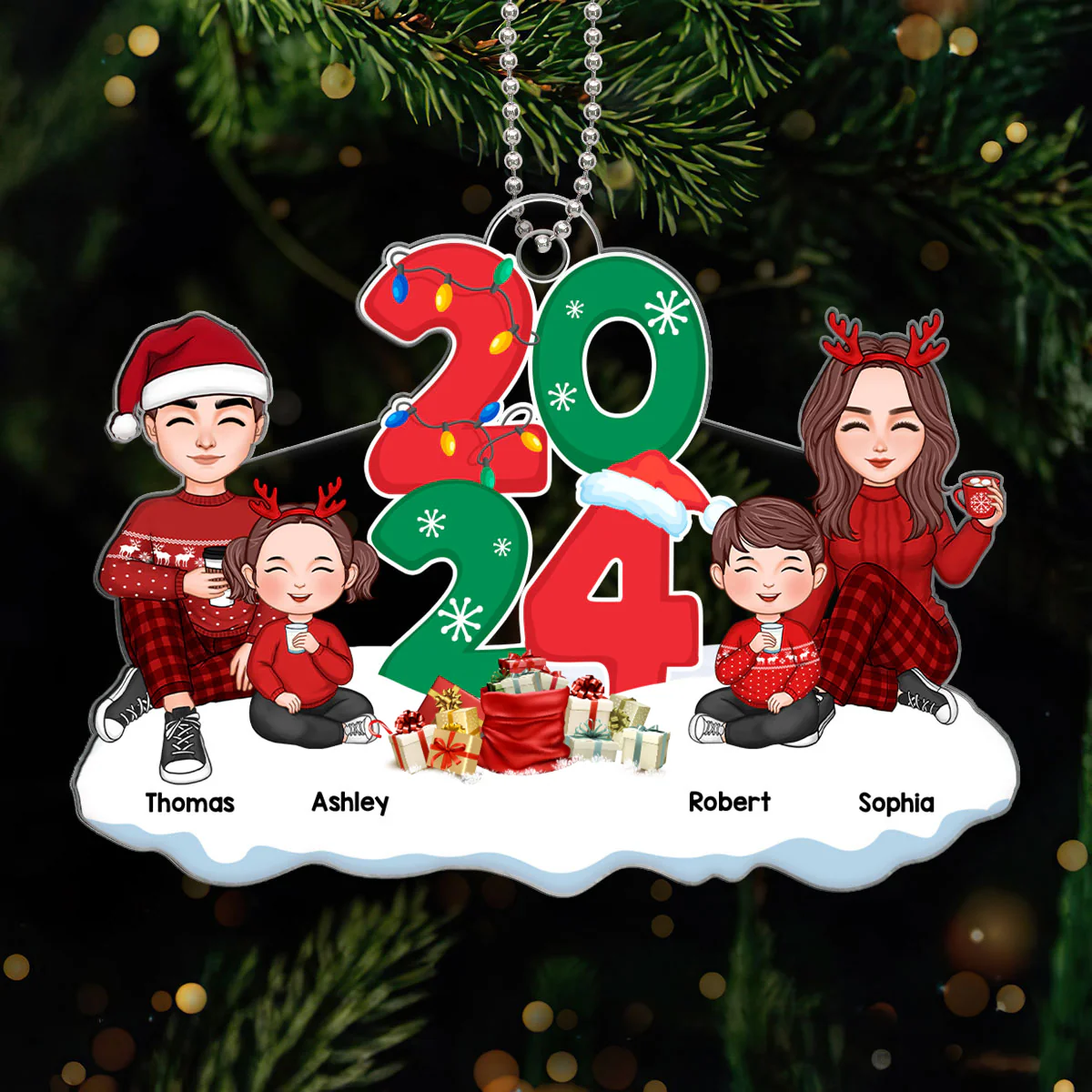 Cute Family Dad Mom Kids Dogs Cats Sitting By 2024 Christmas Personalized Acrylic Ornament
