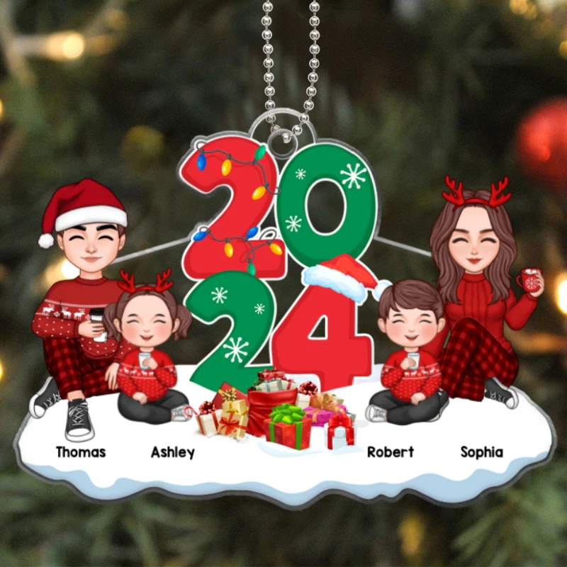 Cute Family Dad Mom Kids Dogs Cats Sitting By 2024 Christmas Personalized Acrylic Ornament - Image 5
