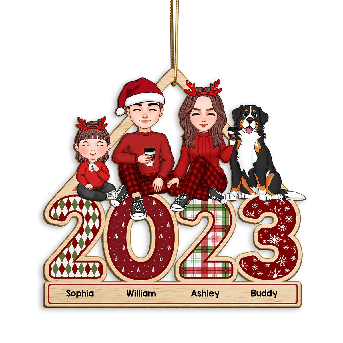 Cute Family Dad Mom Kids Dogs Cats Sitting On 2023 Patterned Personalized Wooden Ornament