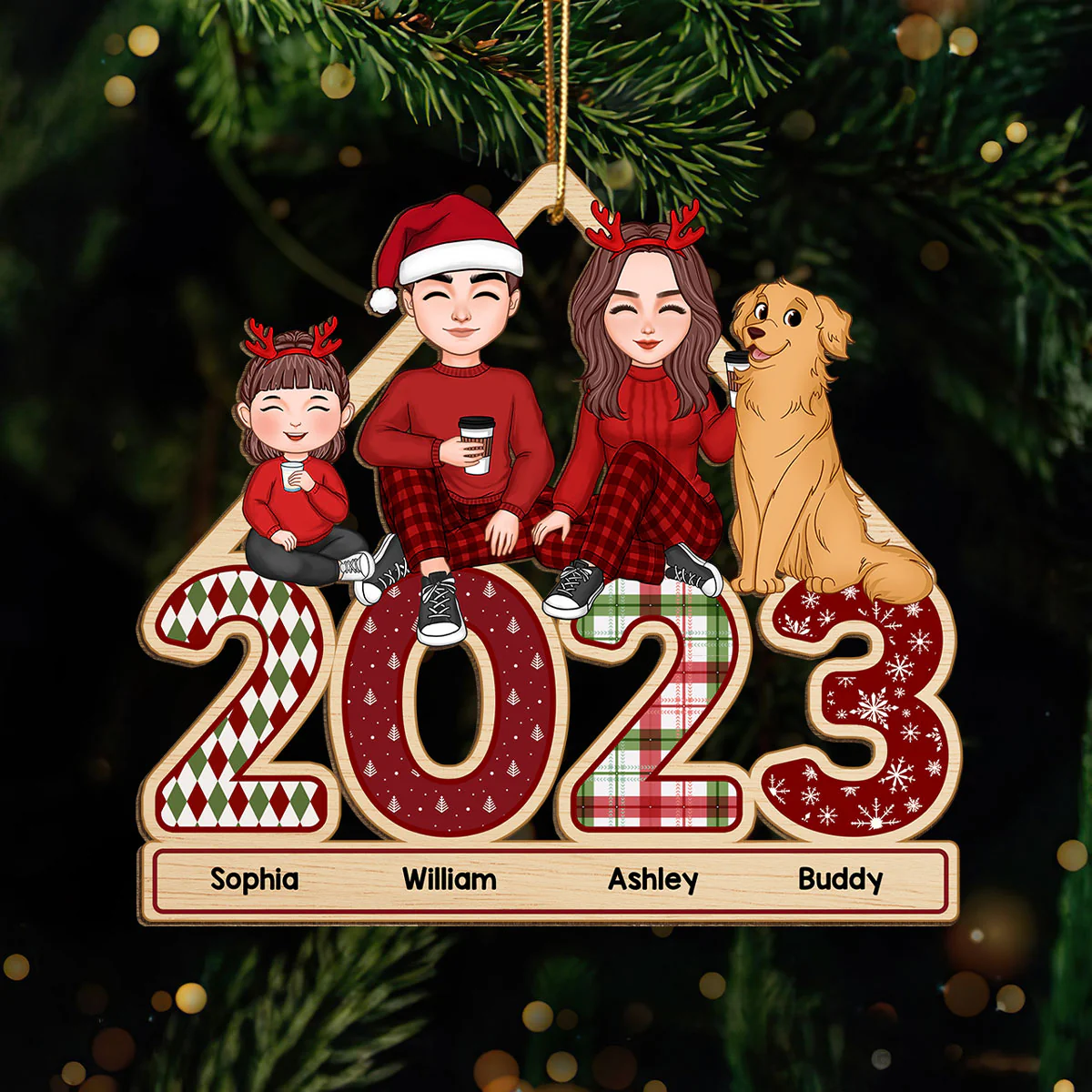 Cute Family Dad Mom Kids Dogs Cats Sitting On 2023 Patterned Personalized Wooden Ornament - Image 2