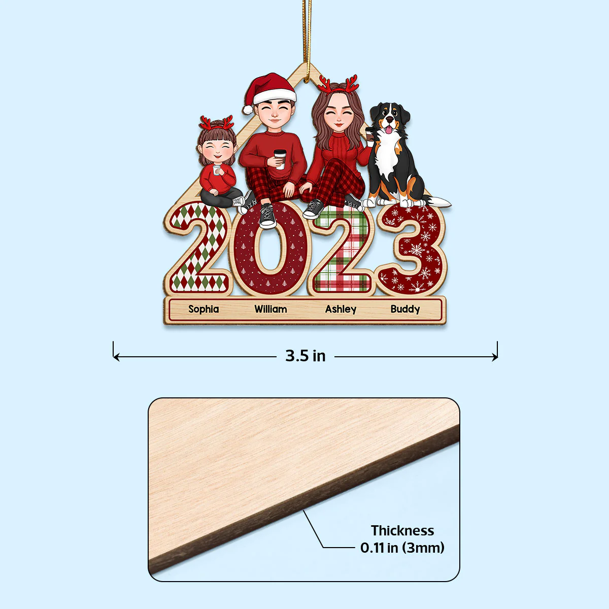 Cute Family Dad Mom Kids Dogs Cats Sitting On 2023 Patterned Personalized Wooden Ornament - Image 3