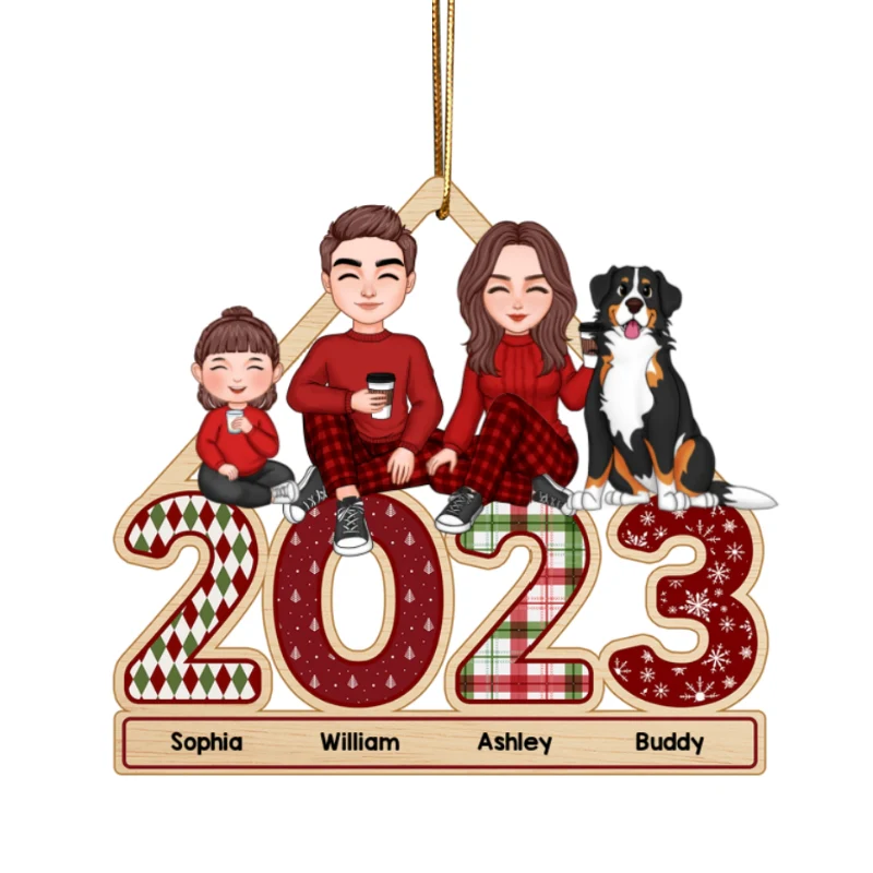 Cute Family Dad Mom Kids Dogs Cats Sitting On 2023 Patterned Personalized Wooden Ornament - Image 4