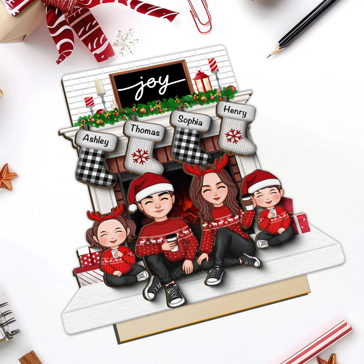 Cute Family Dad Mom Kids Sitting At Christmas Fireplace Personalized 2-Layer Standing Wooden Plaque - Image 13