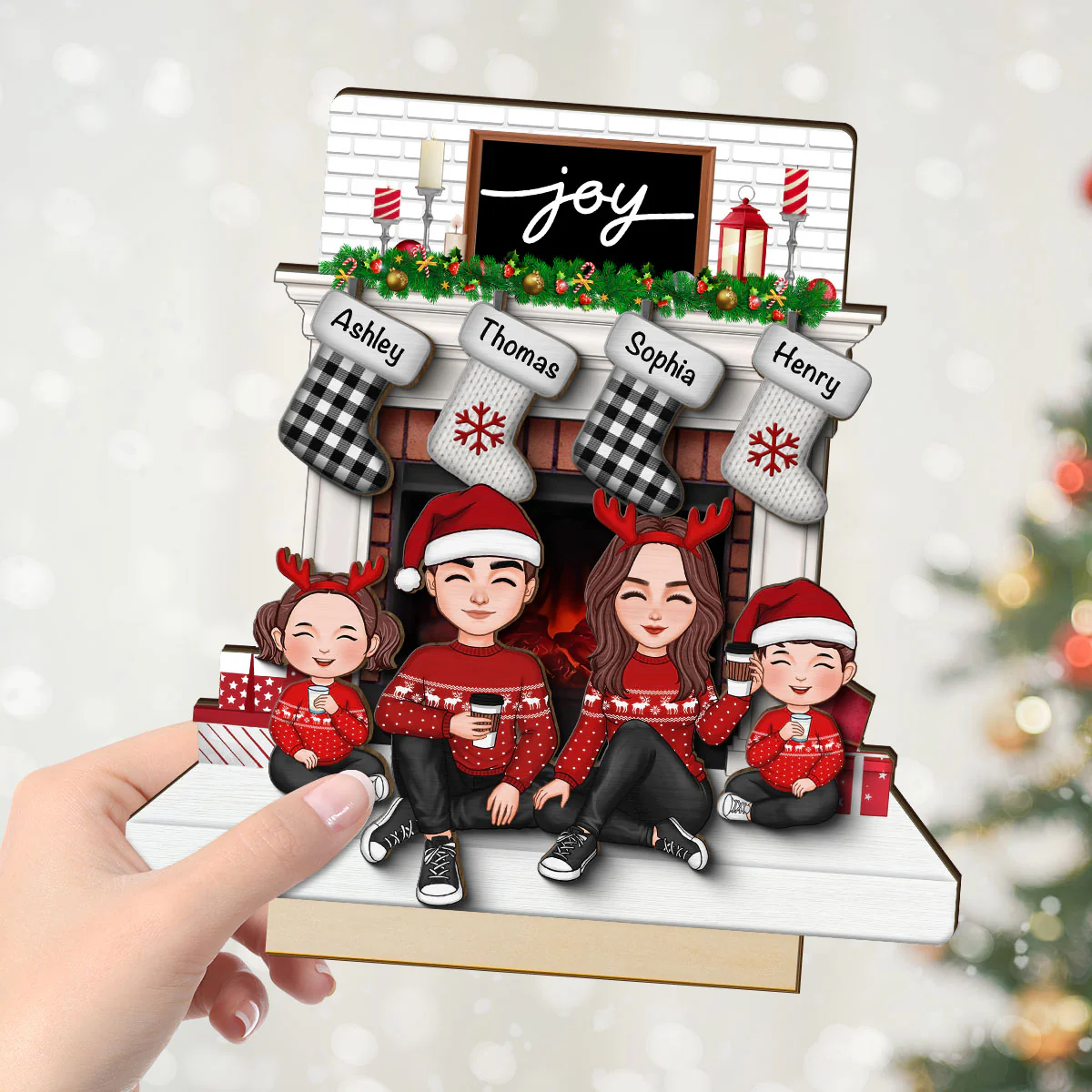 Cute Family Dad Mom Kids Sitting At Christmas Fireplace Personalized 2-Layer Standing Wooden Plaque - Image 4