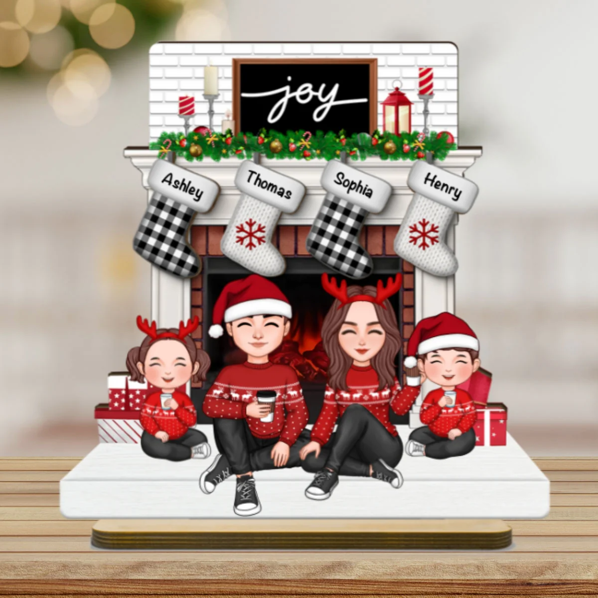 Cute Family Dad Mom Kids Sitting At Christmas Fireplace Personalized 2-Layer Standing Wooden Plaque - Image 8