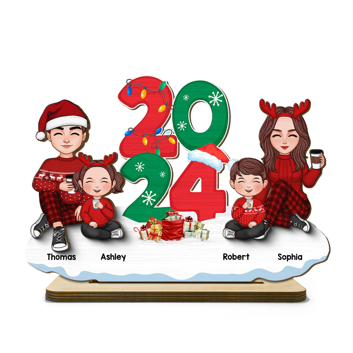 Cute Family Dad Mom Kids Sitting By 2024 Christmas Personalized 2-Layer Standing Wooden Plaque - Image 2