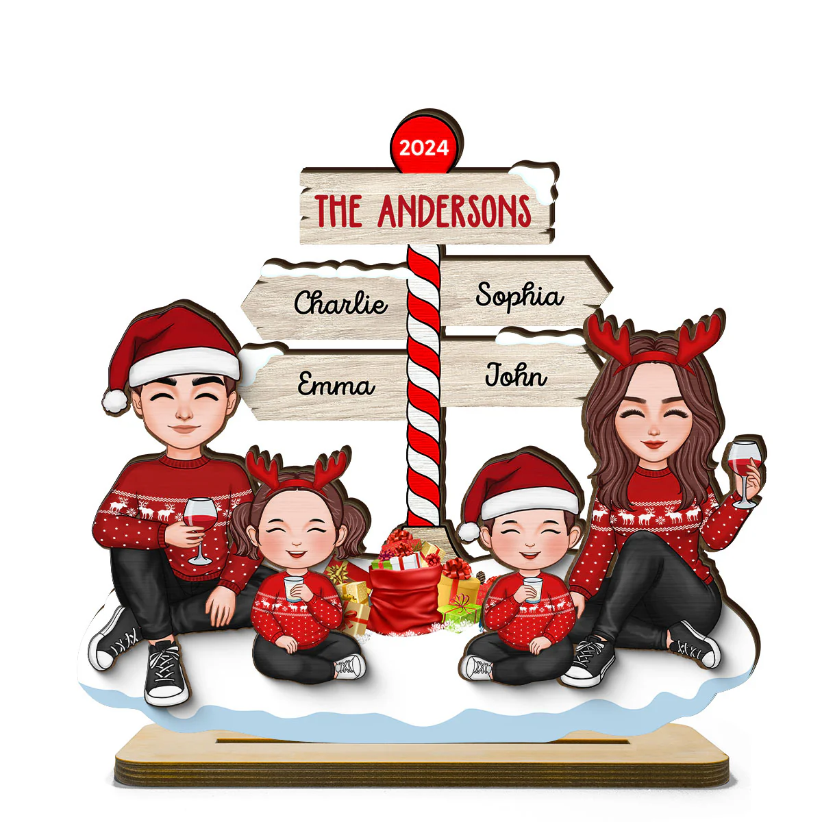 Cute Family Dad Mom Kids Sitting Christmas North Pole Personalized 2-Layer Standing Wooden Plaque - Image 2