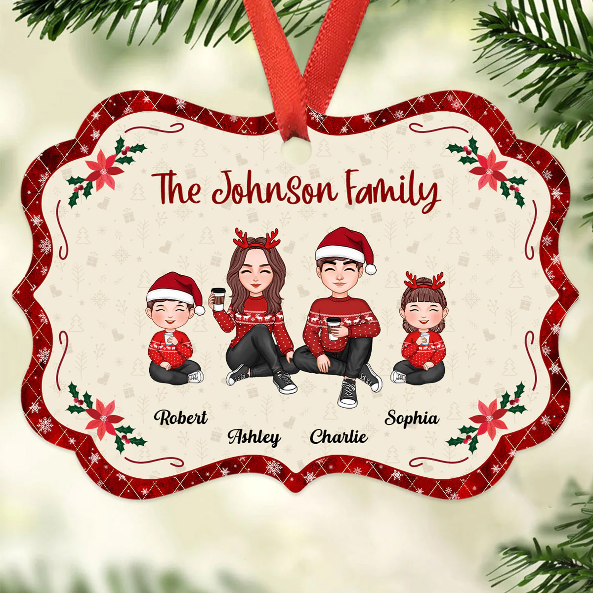 Cute Family Doll Mom Dad Kid Dog Cat Red Border Christmas Themed Personalized Christmas Ornament - Image 2