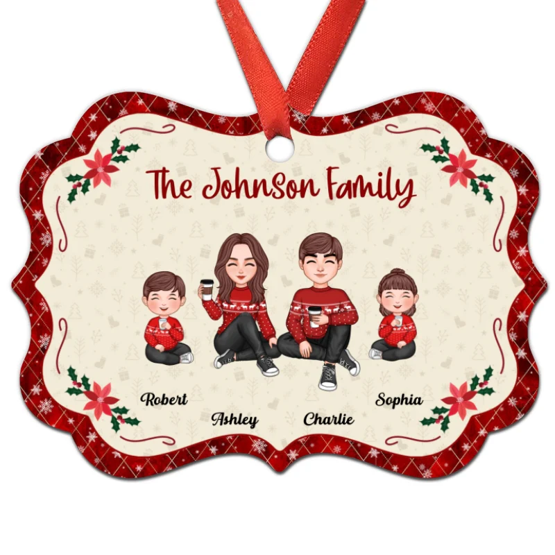 Cute Family Doll Mom Dad Kid Dog Cat Red Border Christmas Themed Personalized Christmas Ornament - Image 5