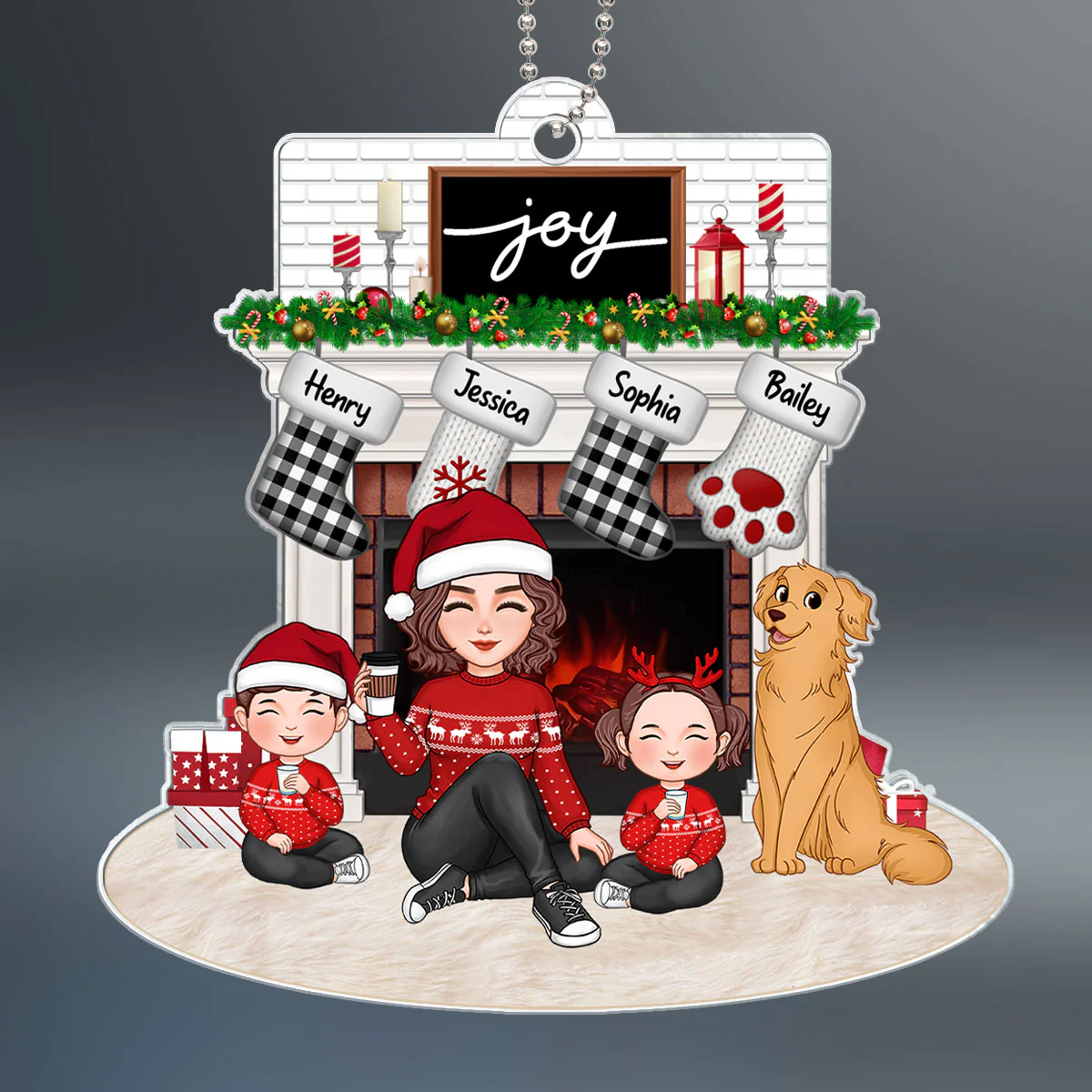 Cute Family Single Dad Mom Kids Dogs Cats Sitting At Christmas Fireplace Personalized Acrylic Ornament - Image 2