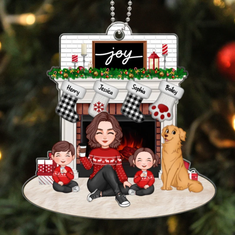 Cute Family Single Dad Mom Kids Dogs Cats Sitting At Christmas Fireplace Personalized Acrylic Ornament - Image 4