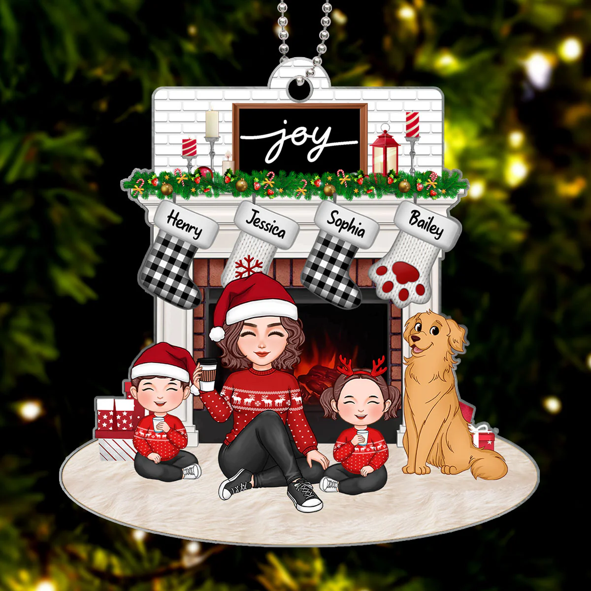 Cute Family Single Dad Mom Kids Dogs Cats Sitting At Christmas Fireplace Personalized Acrylic Ornament - Image 5