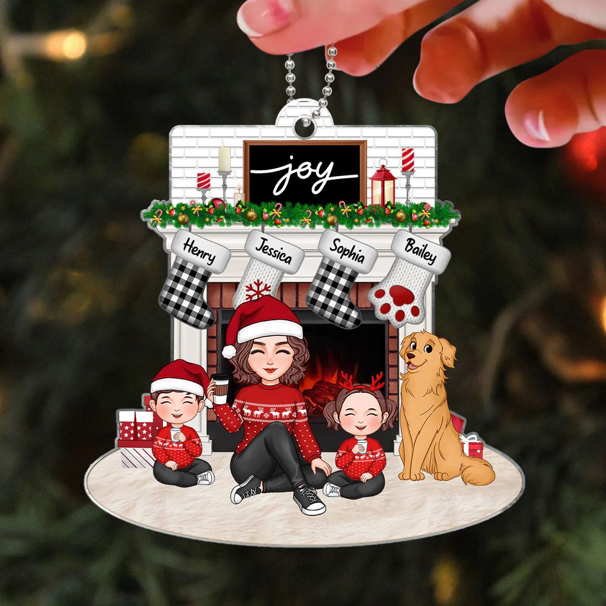 Cute Family Single Dad Mom Kids Dogs Cats Sitting At Christmas Fireplace Personalized Acrylic Ornament - Image 7