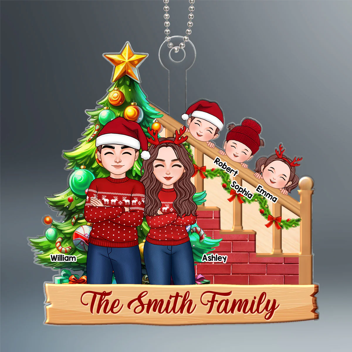 Cute Family Sitting By The Christmas Tree Personalized Acrylic Ornament - Image 2