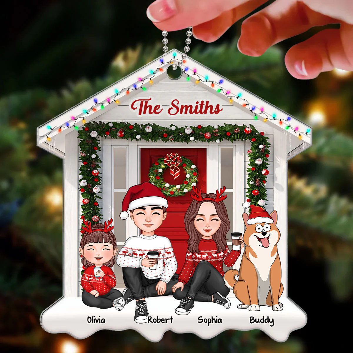 Cute Family Sitting Christmas Front Porch House Shaped Personalized Acrylic Ornament - Image 3