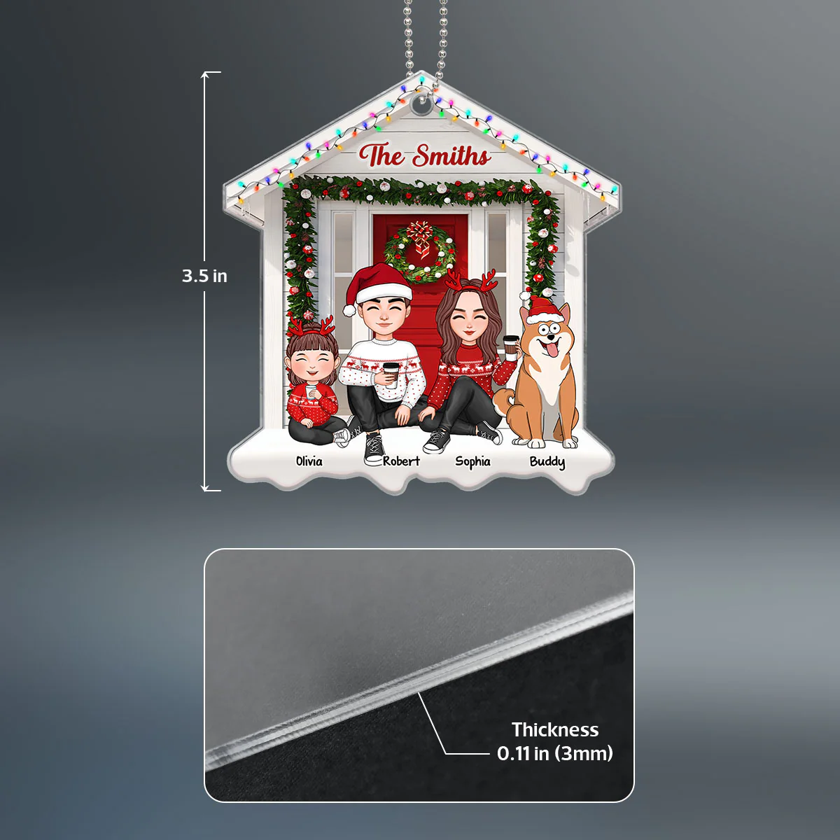 Cute Family Sitting Christmas Front Porch House Shaped Personalized Acrylic Ornament - Image 4