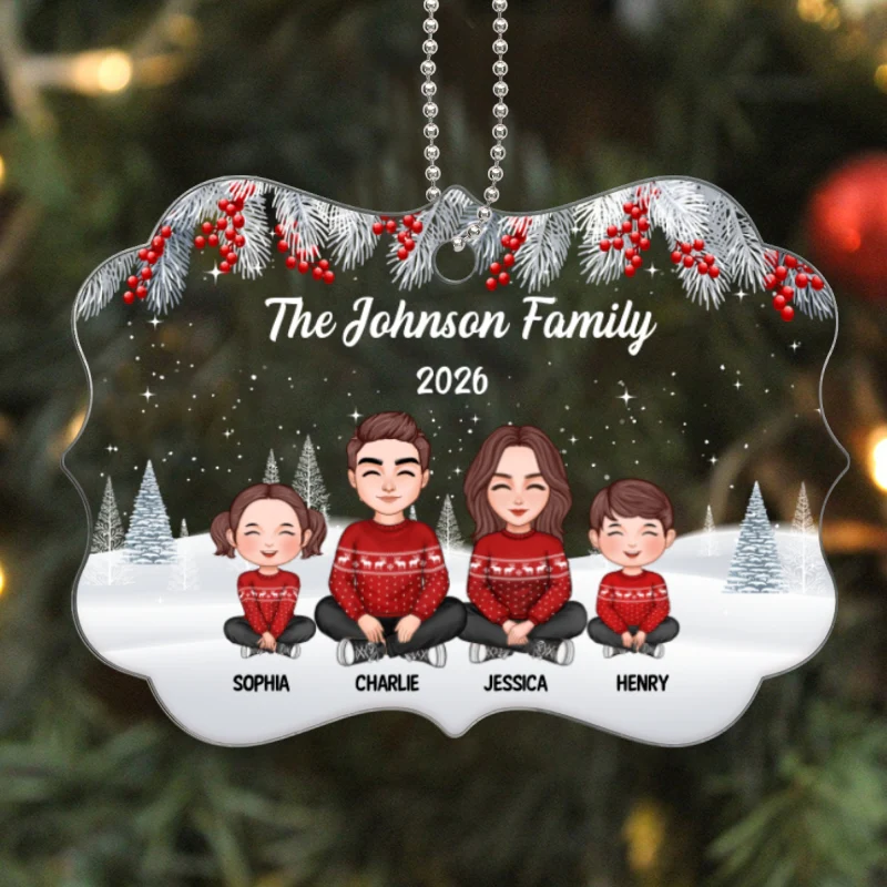Cute Family Sitting In Snow Personalized Acrylic Ornament - Image 5
