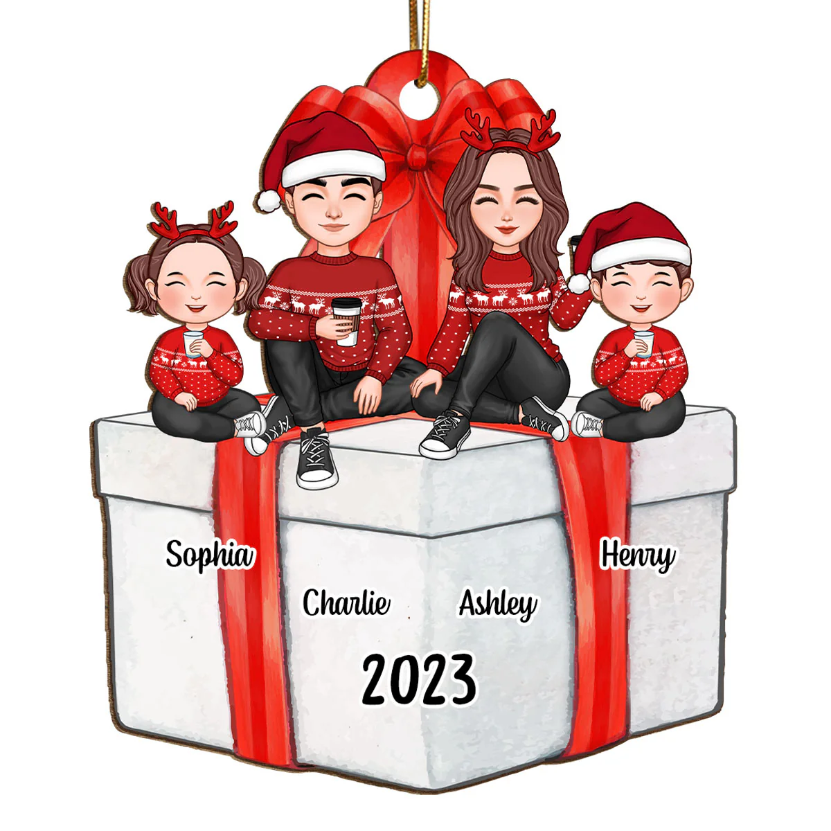 Cute Family Sitting On Christmas Gift Personalized Wooden Ornament
