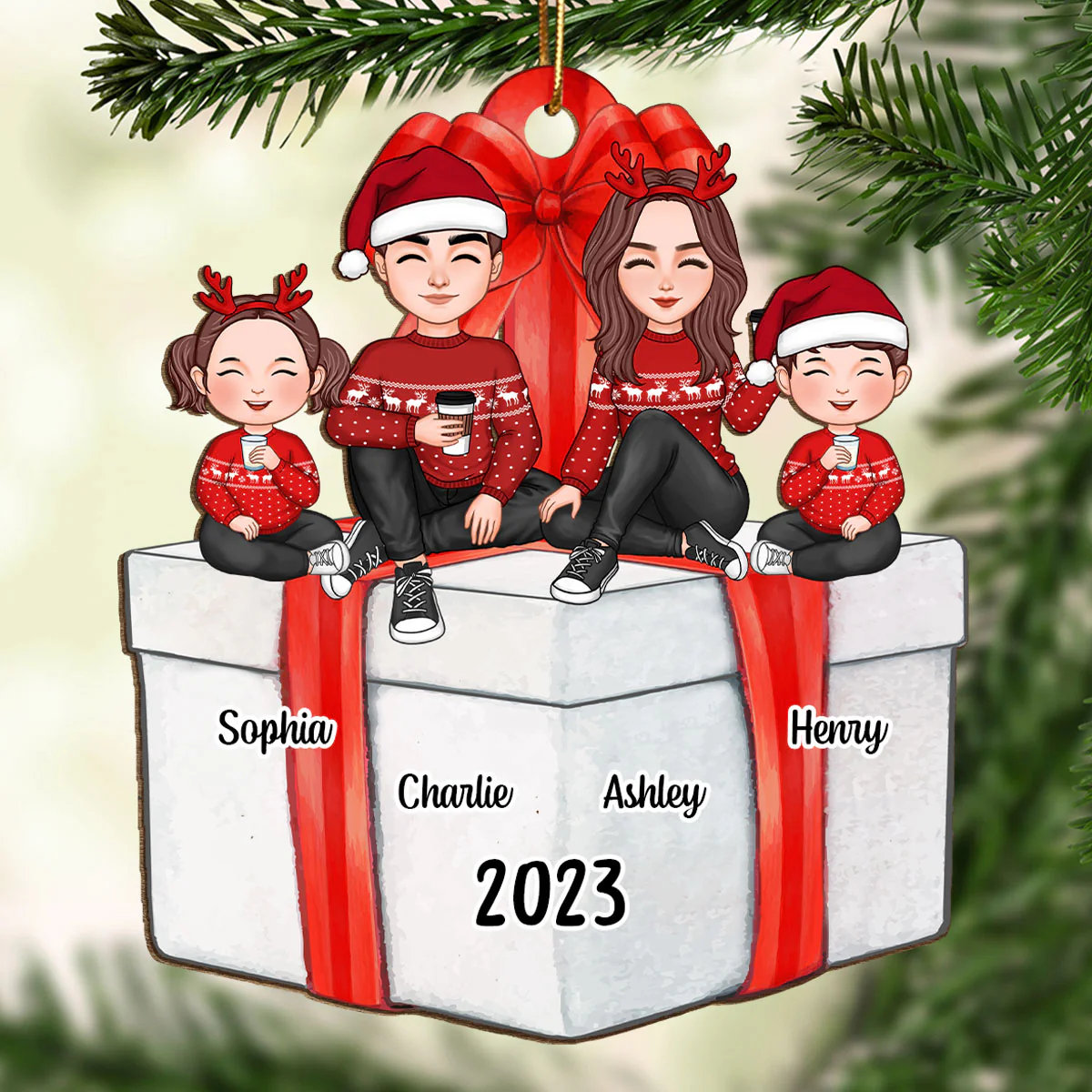 Cute Family Sitting On Christmas Gift Personalized Wooden Ornament - Image 2