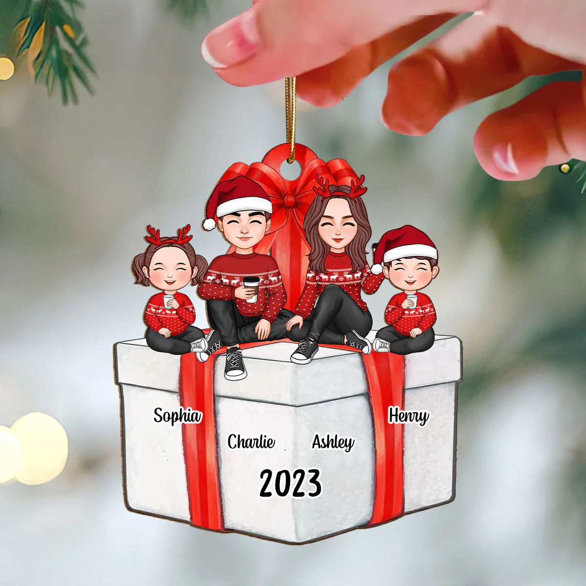 Cute Family Sitting On Christmas Gift Personalized Wooden Ornament - Image 3