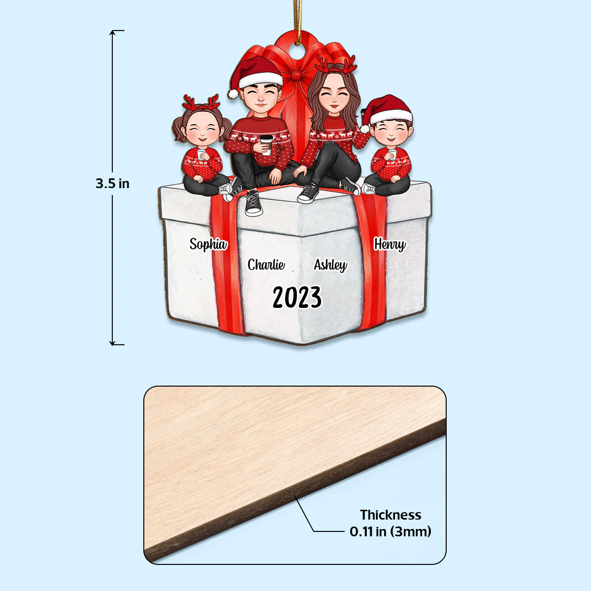 Cute Family Sitting On Christmas Gift Personalized Wooden Ornament - Image 4