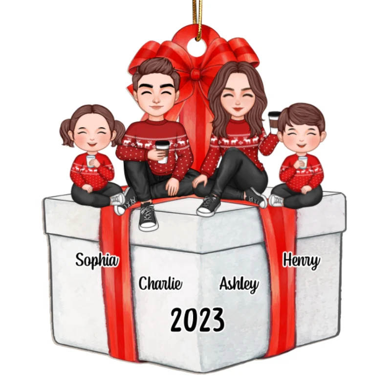 Cute Family Sitting On Christmas Gift Personalized Wooden Ornament - Image 5