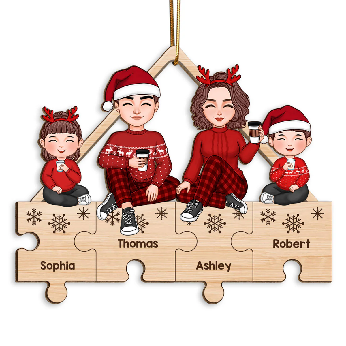 Cute Family Sitting On Puzzle Pieces Christmas Gifts Personalized Wooden Ornament