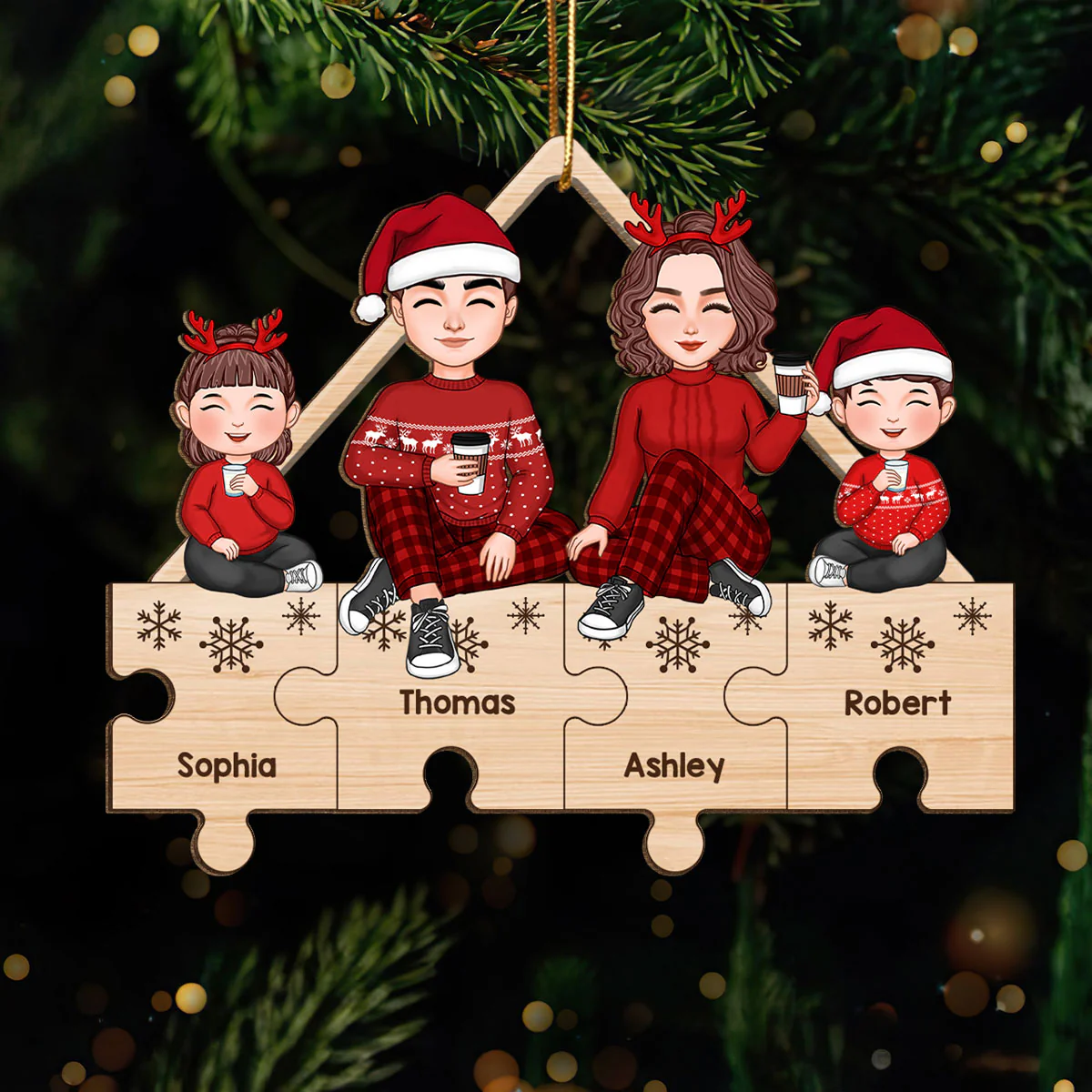 Cute Family Sitting On Puzzle Pieces Christmas Gifts Personalized Wooden Ornament - Image 2