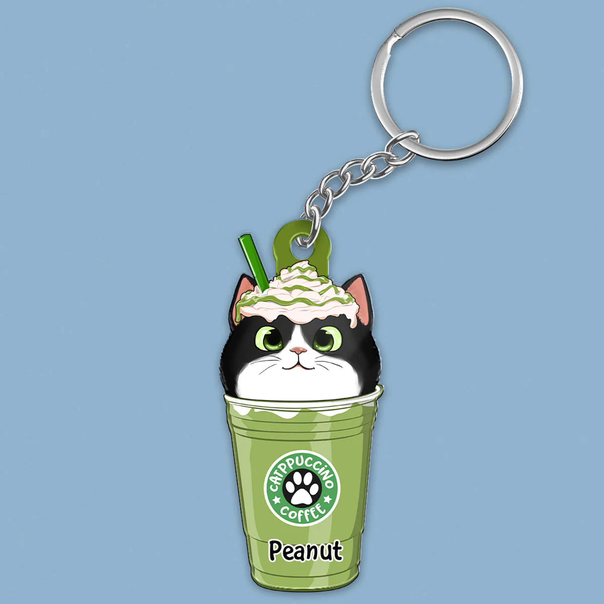 Cute Fluffy Cat Coffee Catpuchino Personalized Acrylic Keychain - Image 2