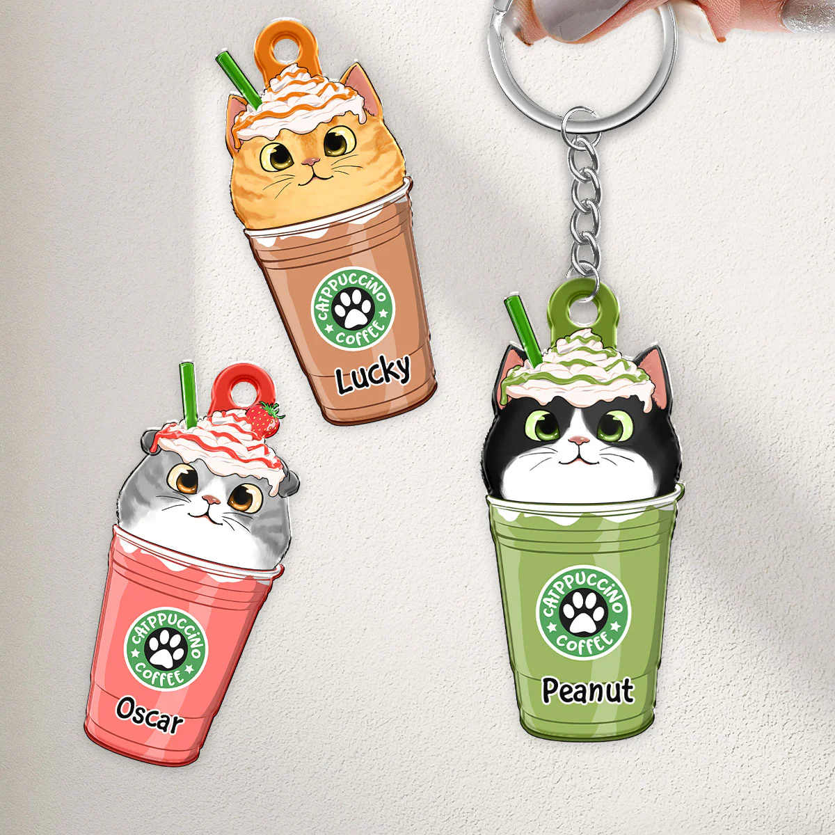 Cute Fluffy Cat Coffee Catpuchino Personalized Acrylic Keychain - Image 3