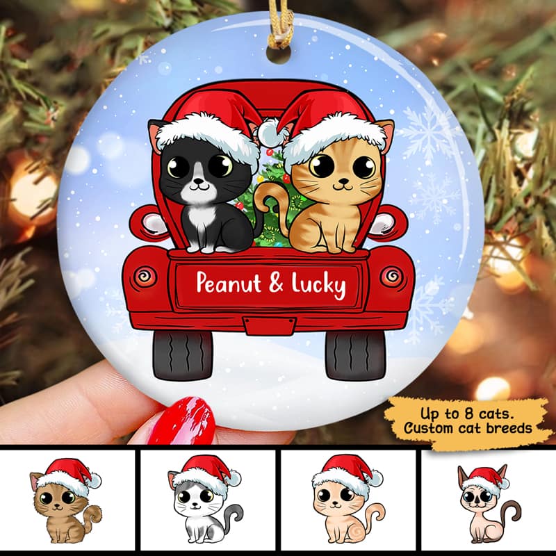 Cute Fluffy Cat On Truck Christmas Personalized Circle Ornament - Image 2