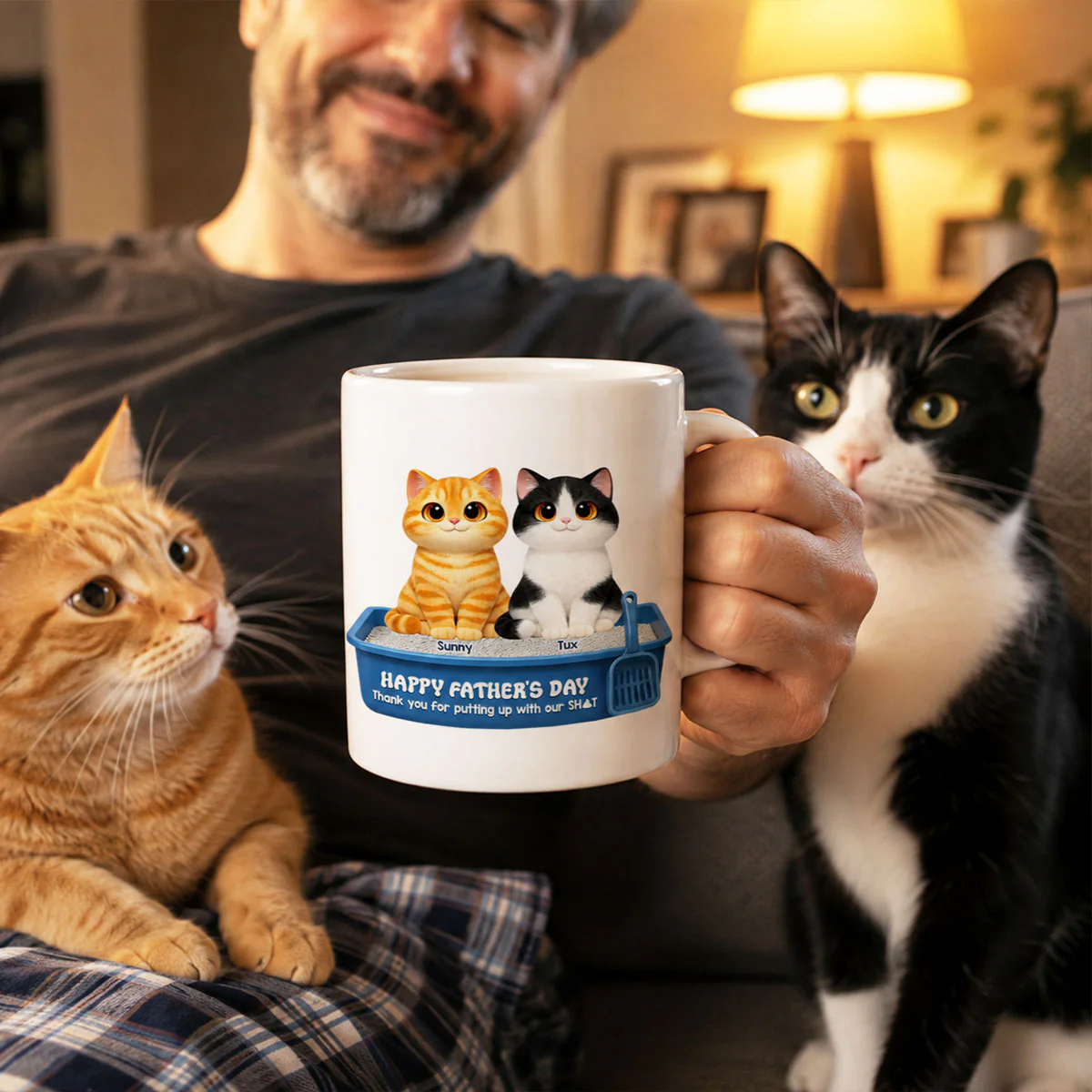 Cute Fluffy Cats Happy Father's Day Thanks For Feeding And Scooping Poo - Personalized Mug - Funny Father's Day Gift For Cat Dad, Cat Lovers - Image 4