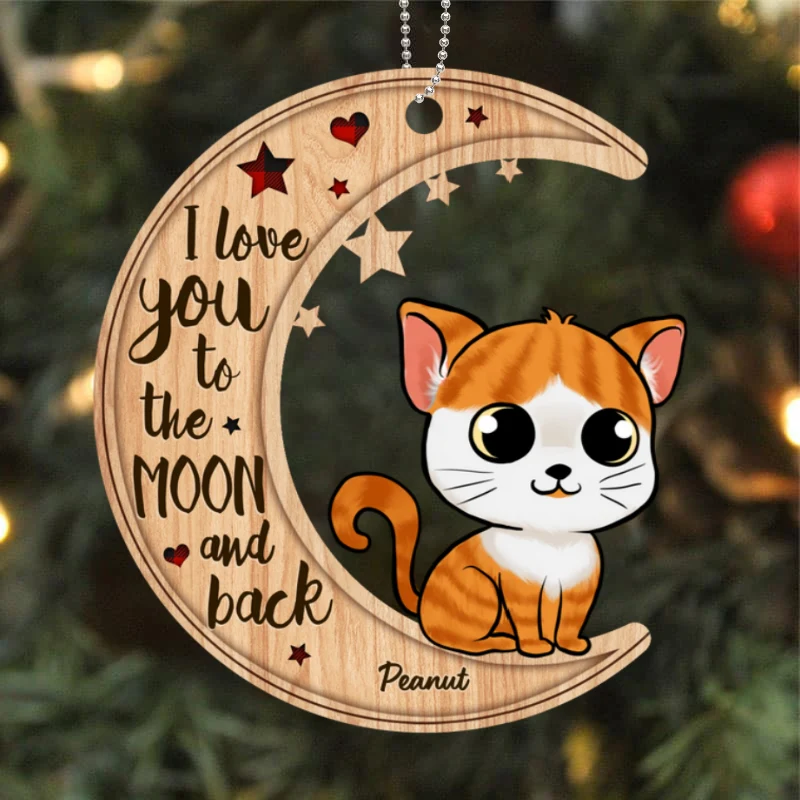 Cute Fluffy Cats On Moon Personalized Wooden Christmas Ornament