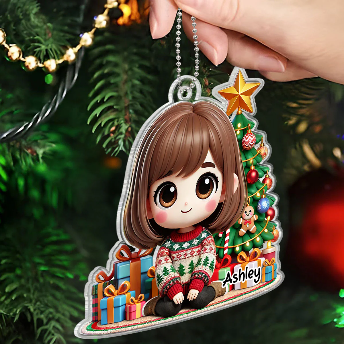 Cute Granddaughter Grandson Kid Sitting With Christmas Tree And Gift Personalized Acrylic Ornament, Gift For Grandkids - Image 6