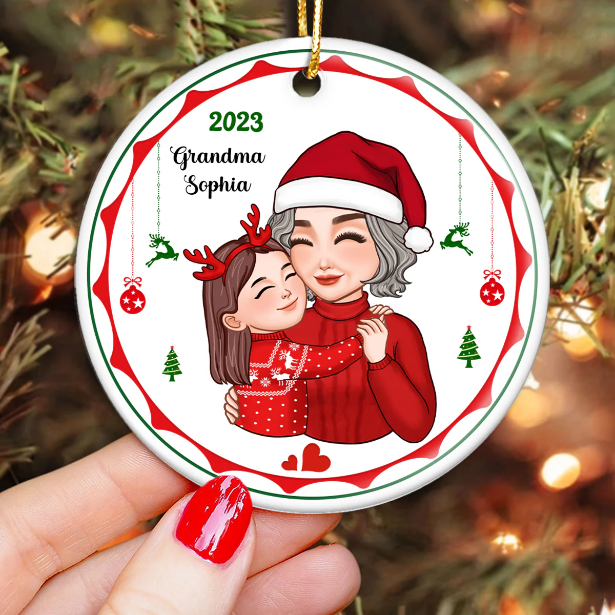 Cute Grandkid Hugging Grandma Christmas Gift Personalized Circle Ornament - Image 3
