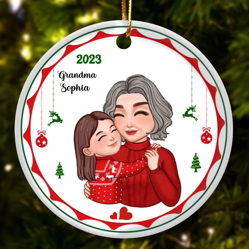 Cute Grandkid Hugging Grandma Christmas Gift Personalized Circle Ornament - Image 6