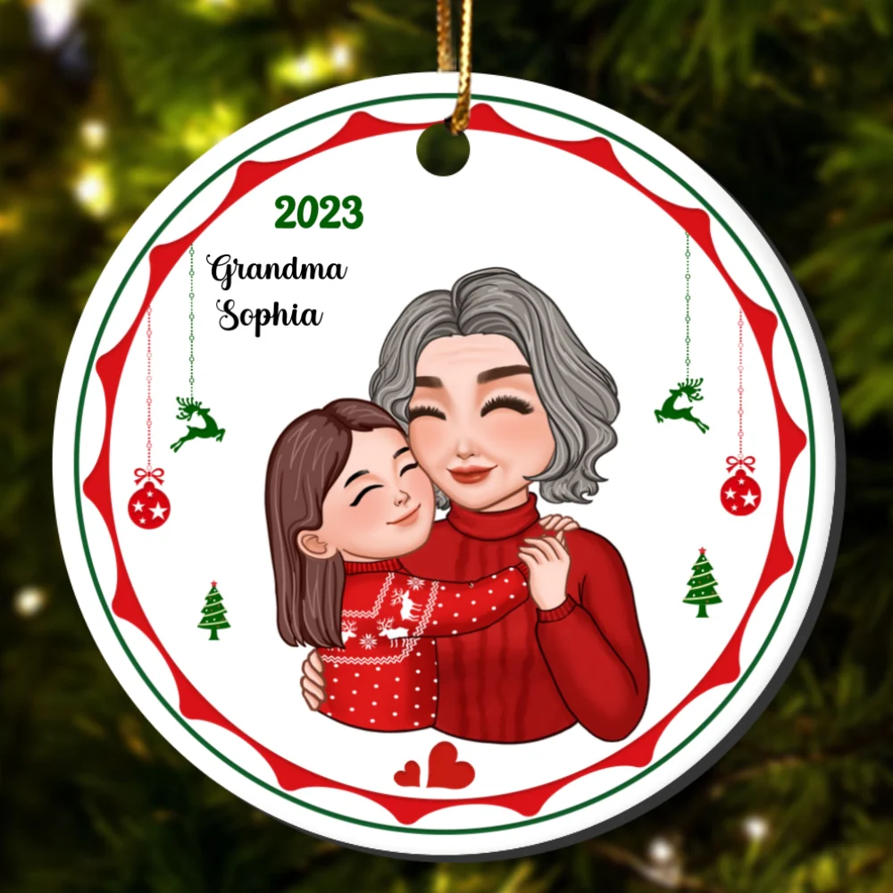 Cute Grandkid Hugging Grandma Christmas Gift Personalized Circle Ornament - Image 7