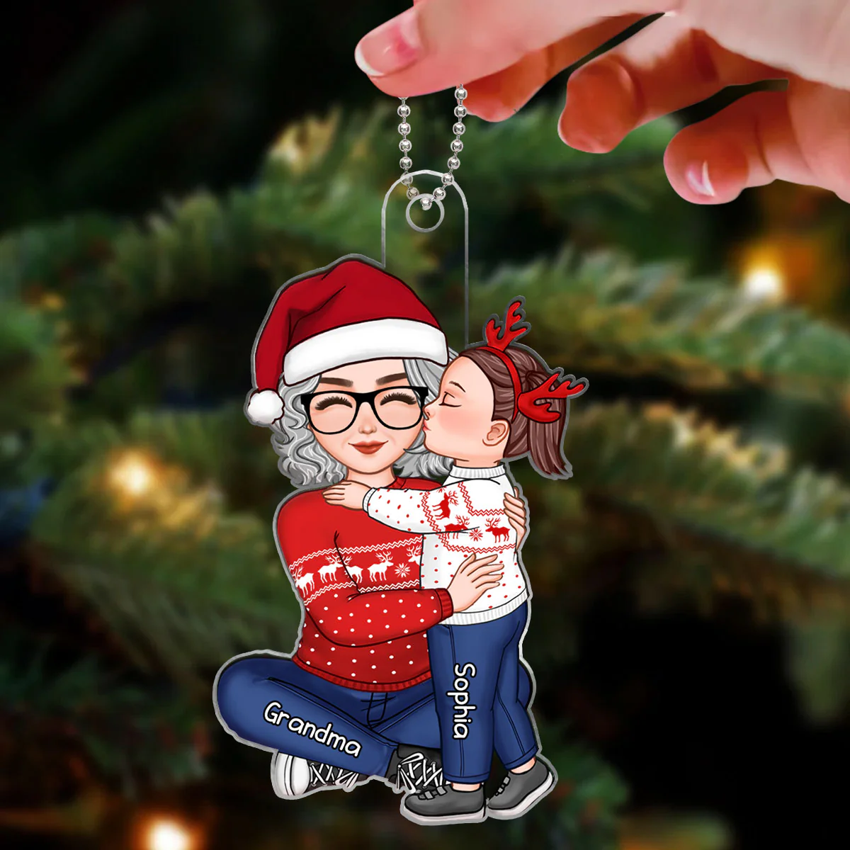 Cute Grandkid Kissing Grandma Christmas Gift For Granddaughter Grandson Personalized Acrylic Ornament - Image 3
