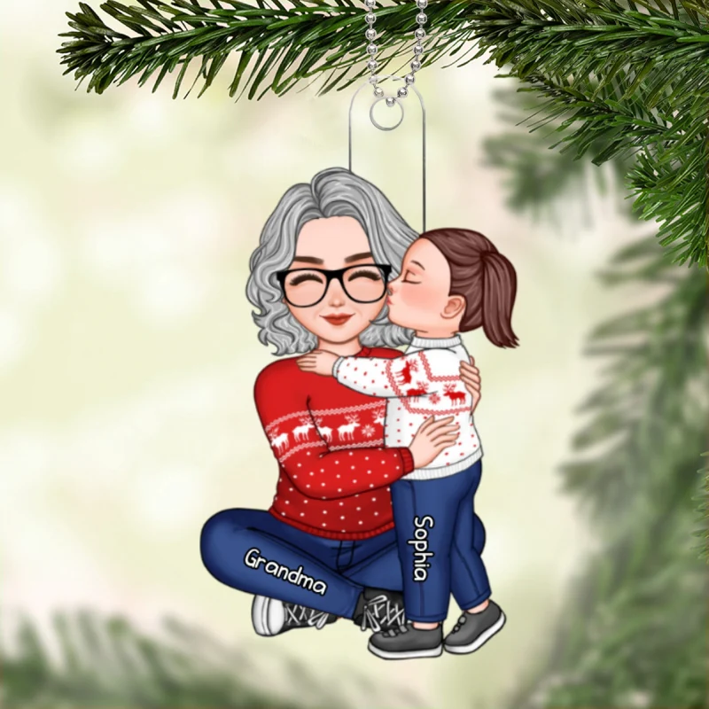 Cute Grandkid Kissing Grandma Christmas Gift For Granddaughter Grandson Personalized Acrylic Ornament - Image 5