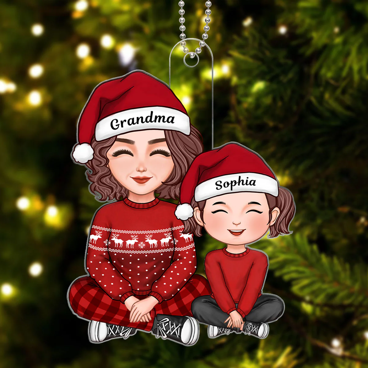 Cute Grandma And Granddaughter Grandson Crossed Legs Christmas Gift Personalized Acrylic Ornament