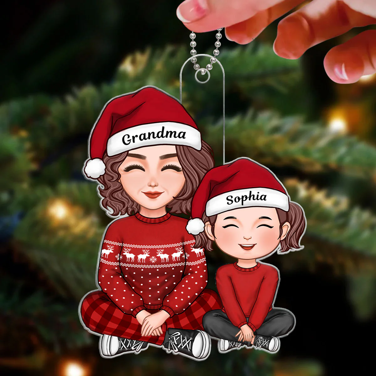 Cute Grandma And Granddaughter Grandson Crossed Legs Christmas Gift Personalized Acrylic Ornament - Image 3