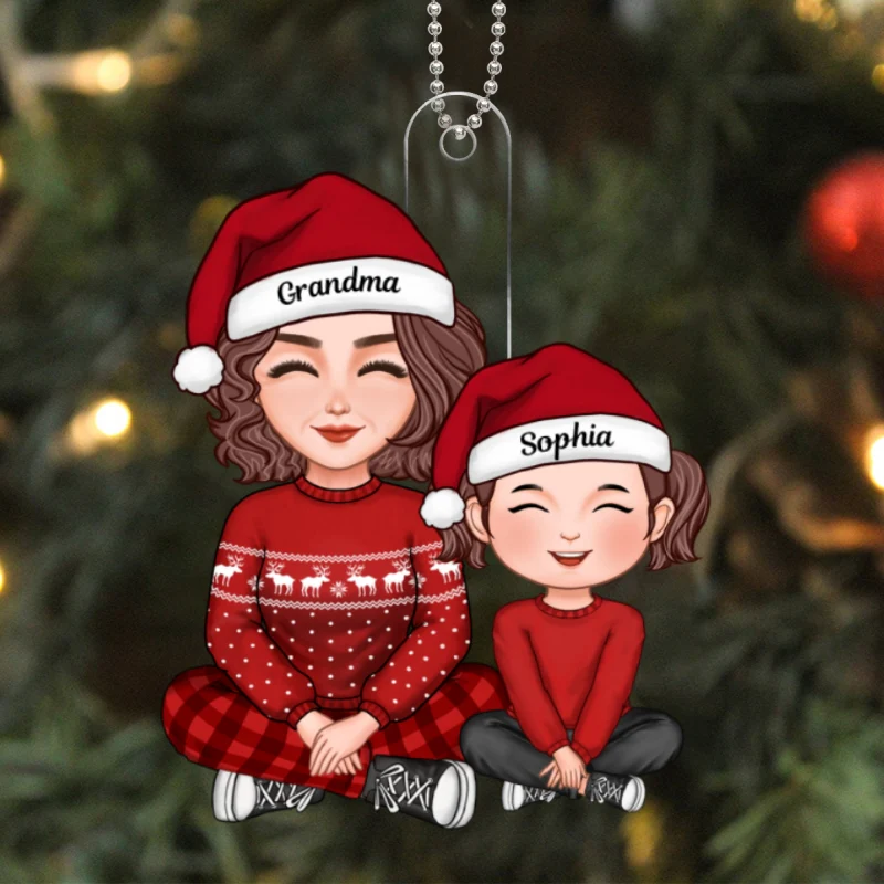 Cute Grandma And Granddaughter Grandson Crossed Legs Christmas Gift Personalized Acrylic Ornament - Image 5