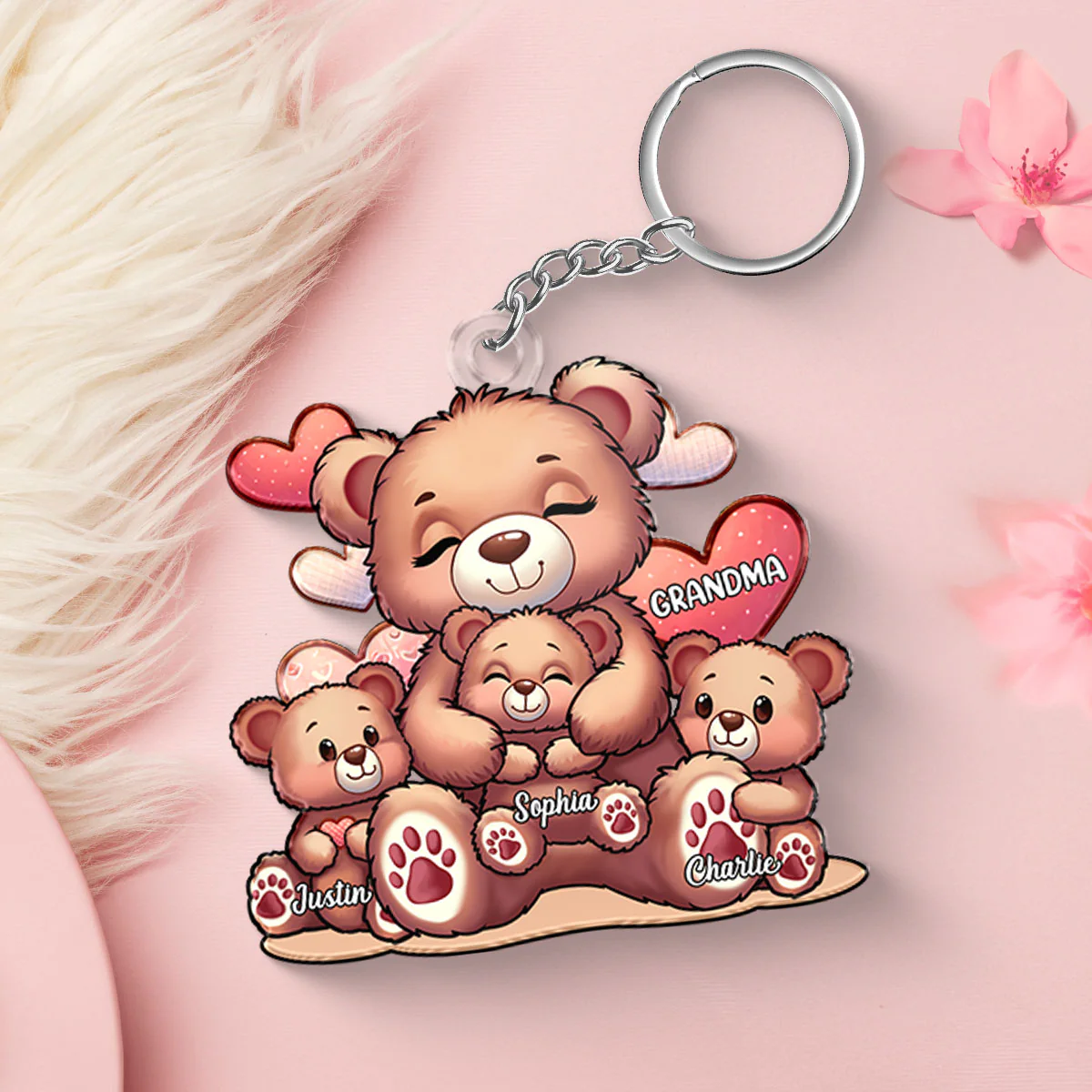 Cute Grandma Bear Mama Bear With Kids Personalized Acrylic Keychain - Image 5