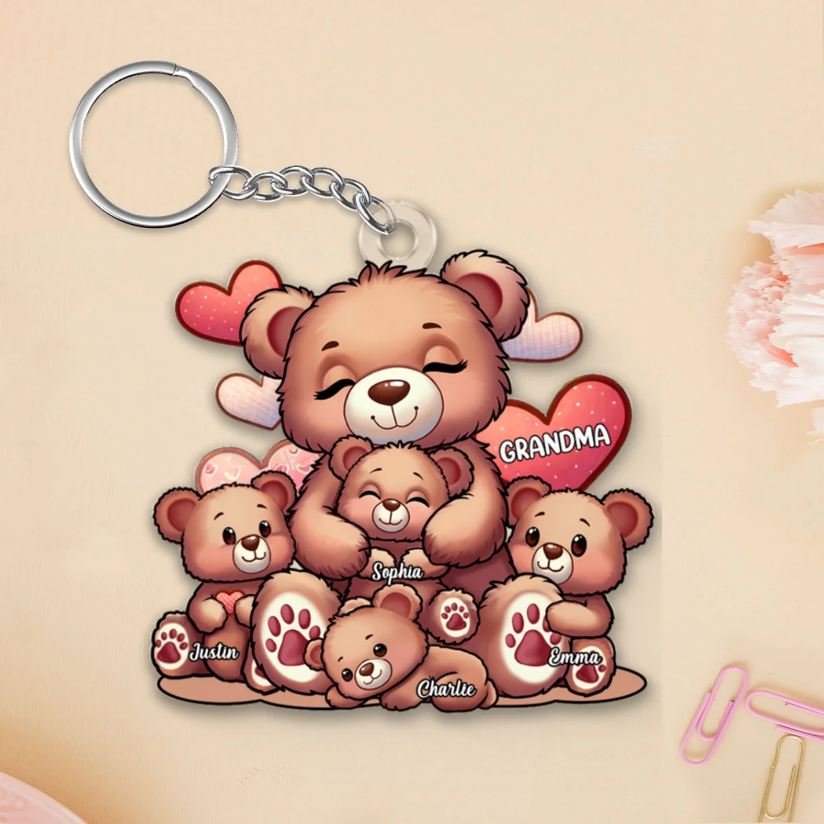 Cute Grandma Bear Mama Bear With Kids Personalized Acrylic Keychain - Image 7