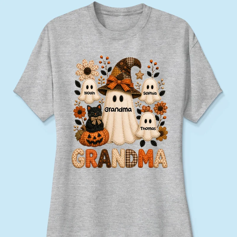 Cute Grandma Boo Witch Fall Season Halloween Faux Patchwork Pattern Coquette - Personalized Shirt - Halloween Gift For Grandma - Image 18