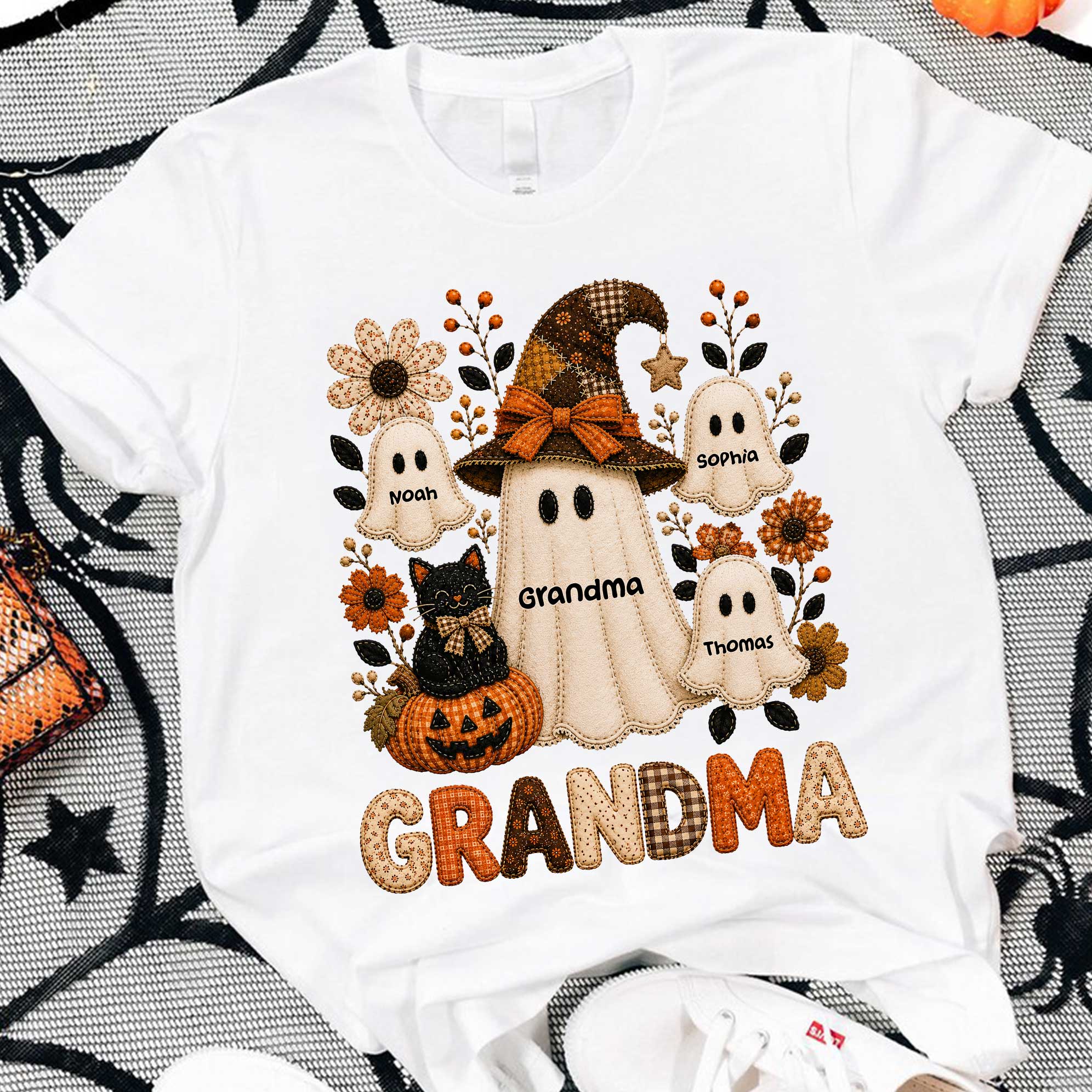 Cute Grandma Boo Witch Fall Season Halloween Faux Patchwork Pattern Coquette - Personalized Shirt - Halloween Gift For Grandma - Image 5