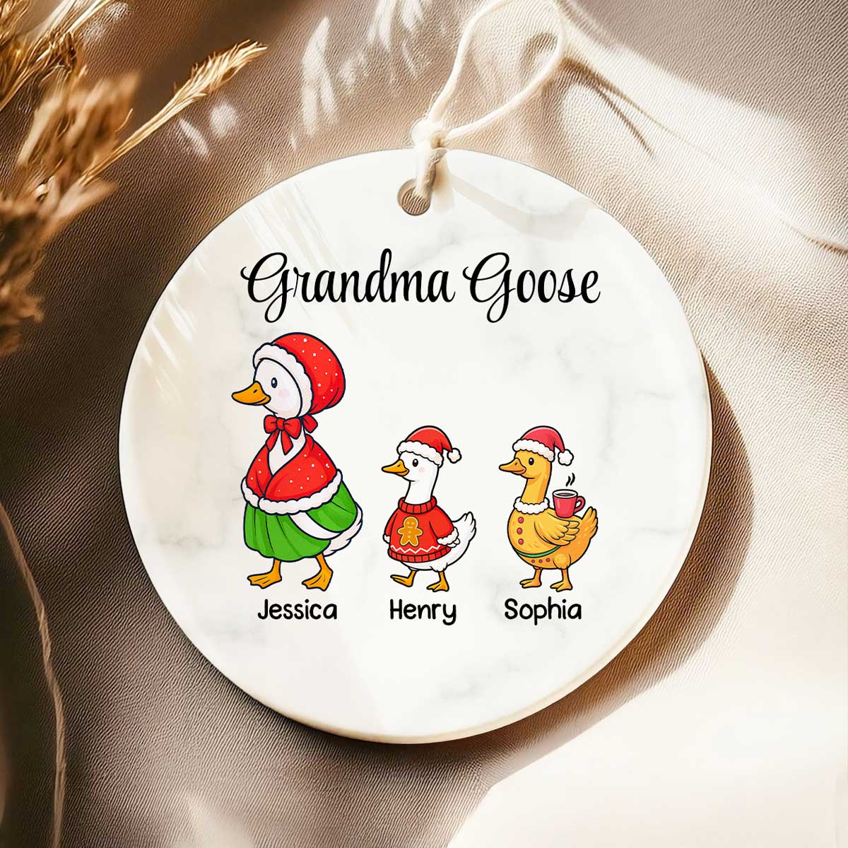 Cute Grandma Goose And Kids Personalized Circle Ceramic Ornament - Image 3