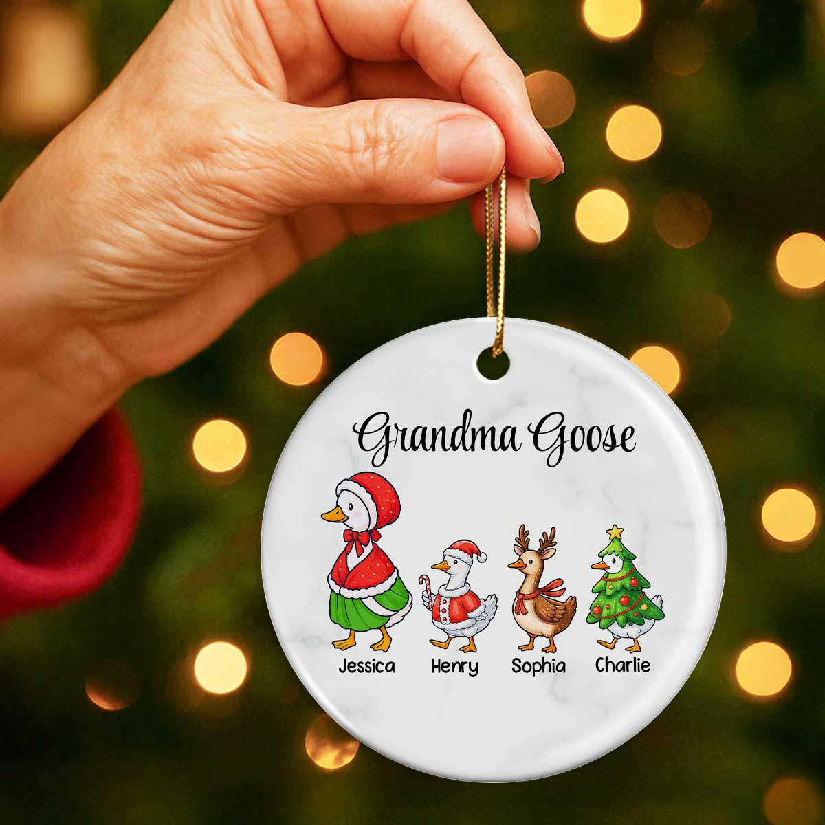 Cute Grandma Goose And Kids Personalized Circle Ceramic Ornament - Image 4