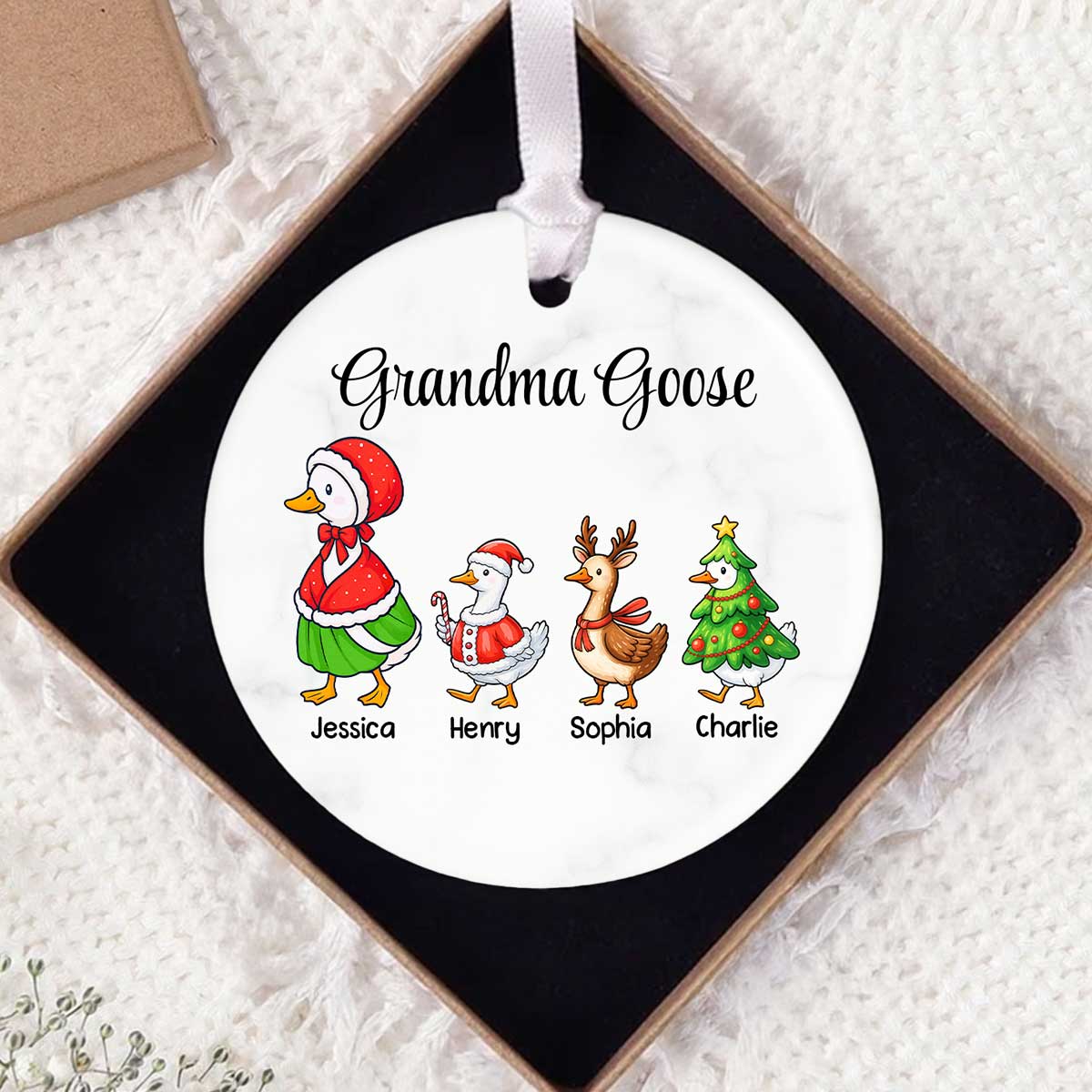 Cute Grandma Goose And Kids Personalized Circle Ceramic Ornament - Image 5